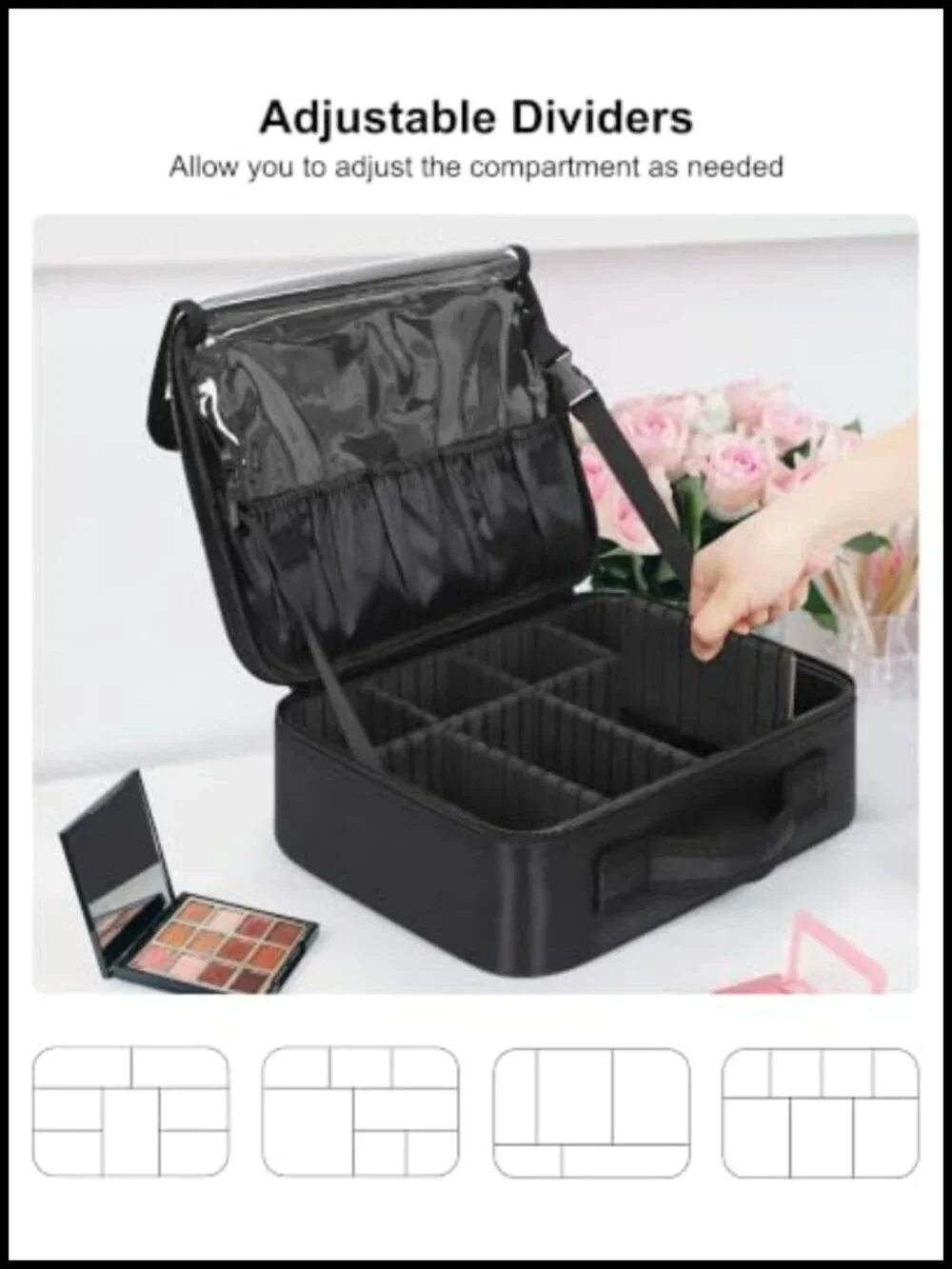 Large Makeup Bag Travel Train Case Toiletry Organizer with Adjustable Dividers
